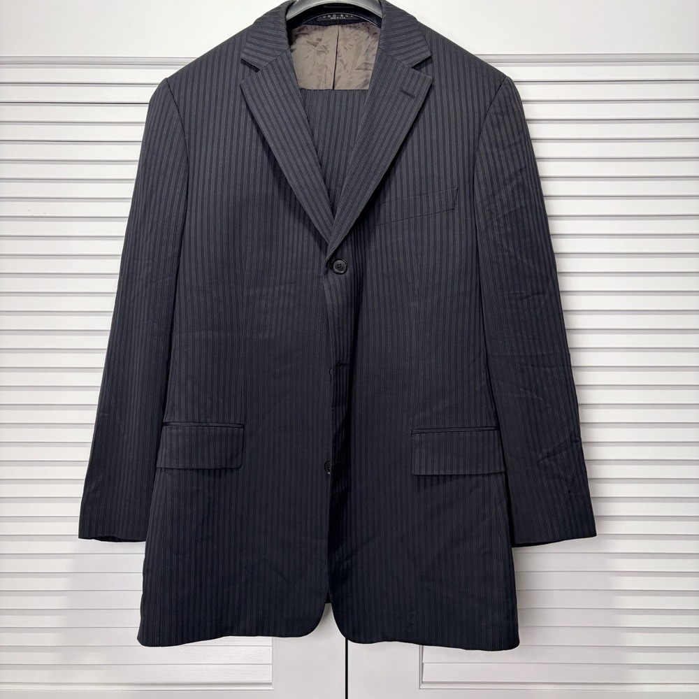 Vintage Hugo Boss Corsese Suit US 46L Black Pinstripe Silk Wool USA Made 34x32